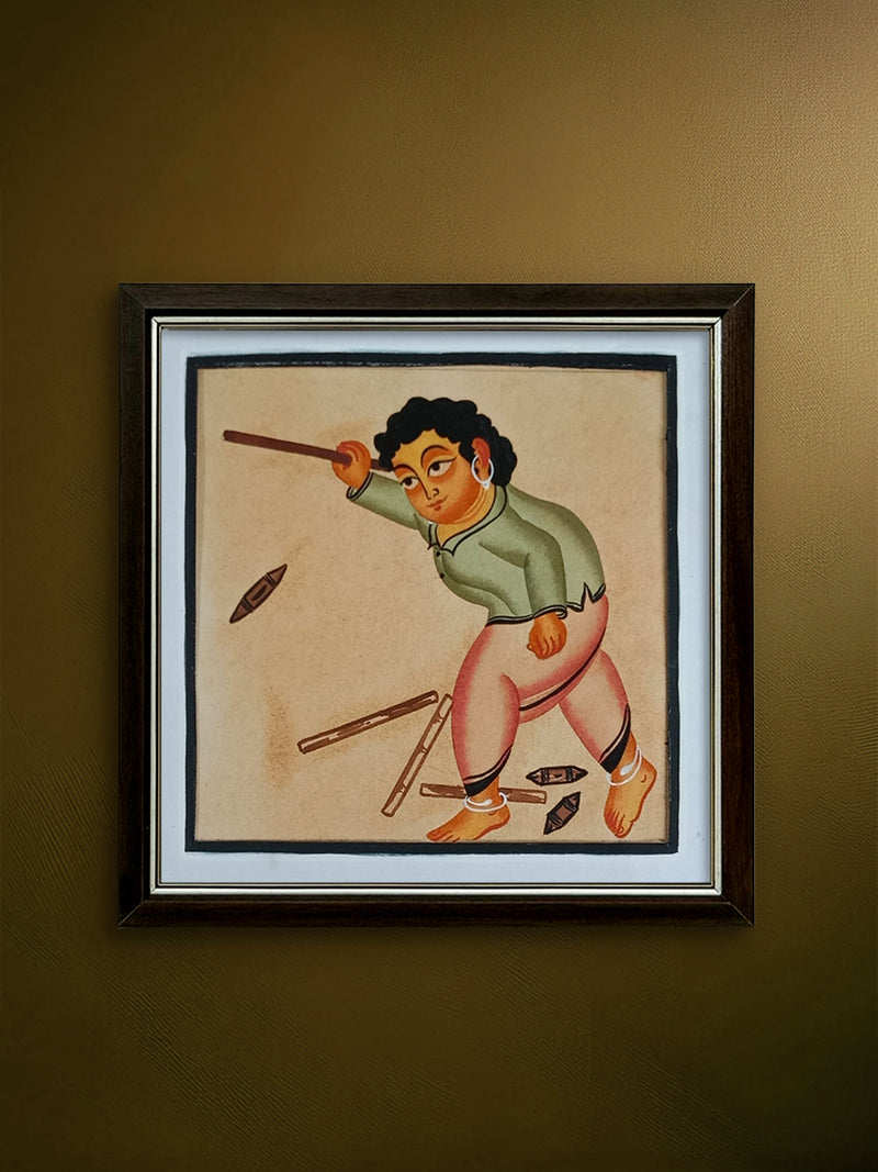 Traditional Play in Kalighat: A Boy with Gilli-Danda by Bapi Chitrakar