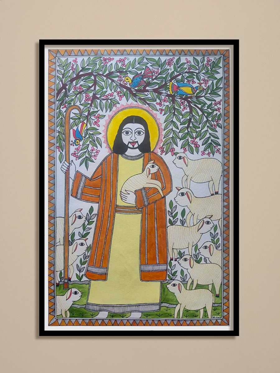 Shop for Depiction of Jesus as Good Shepherd: Mystic blend in Madhubani painting by Priti Karn