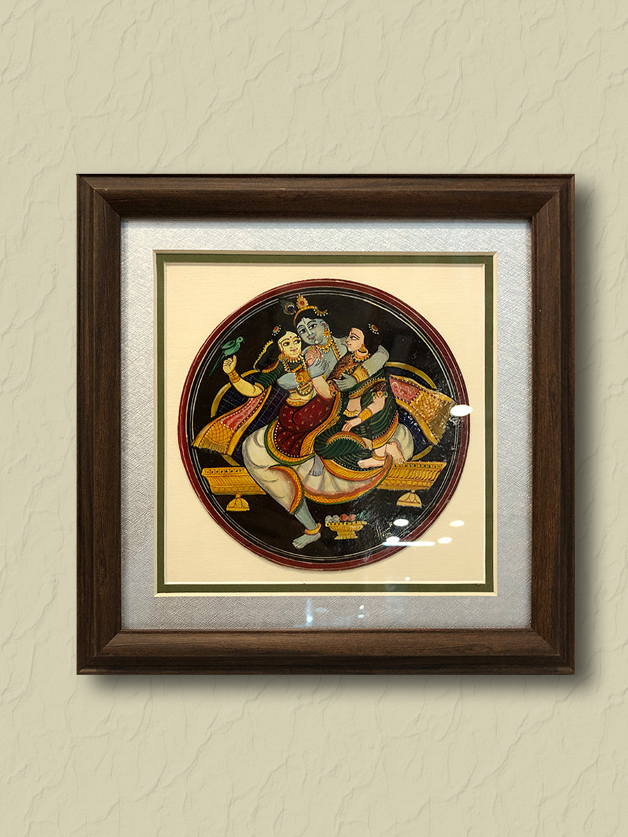 Divine Consorts Embrace: The Celestial Harmony of Lord Krishna and His Stories, Mysore painting by Hemalatha B for sale