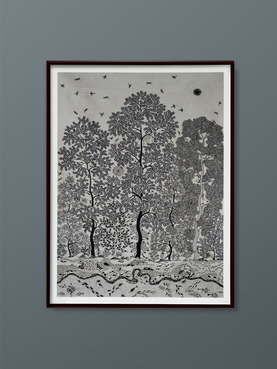 Symphony of Nature: Monochromic Warli Rhapsody painting by Dilip Rama Bahotha for sale