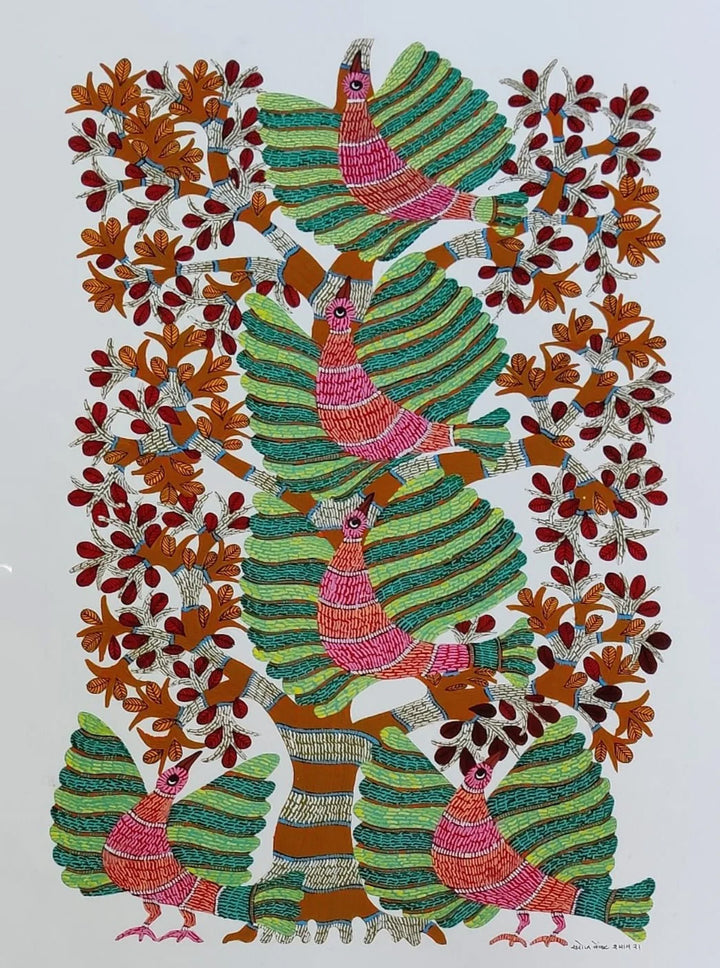 Birds on a Tree in Gond painting by Saroj Venkat Shyam Thumbnail