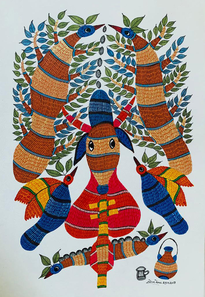 Badadev: Serving of Prasad in Gond Art by Saroj Venkat Shyam Thumbnail