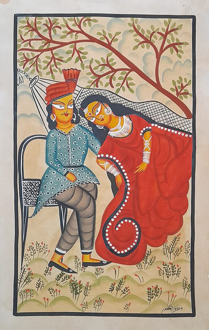 A Symphony of Love: A Khalighat Painting of a Swing's Embrace by Sonali Chitrakar Thumbnail