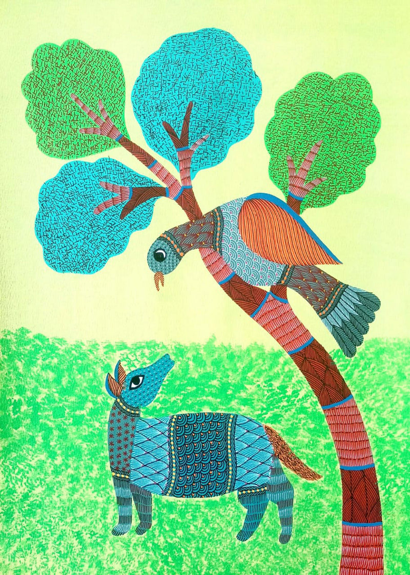 A Tête-à-tête in Nature in Gond by Kailash Pradhan for Sale