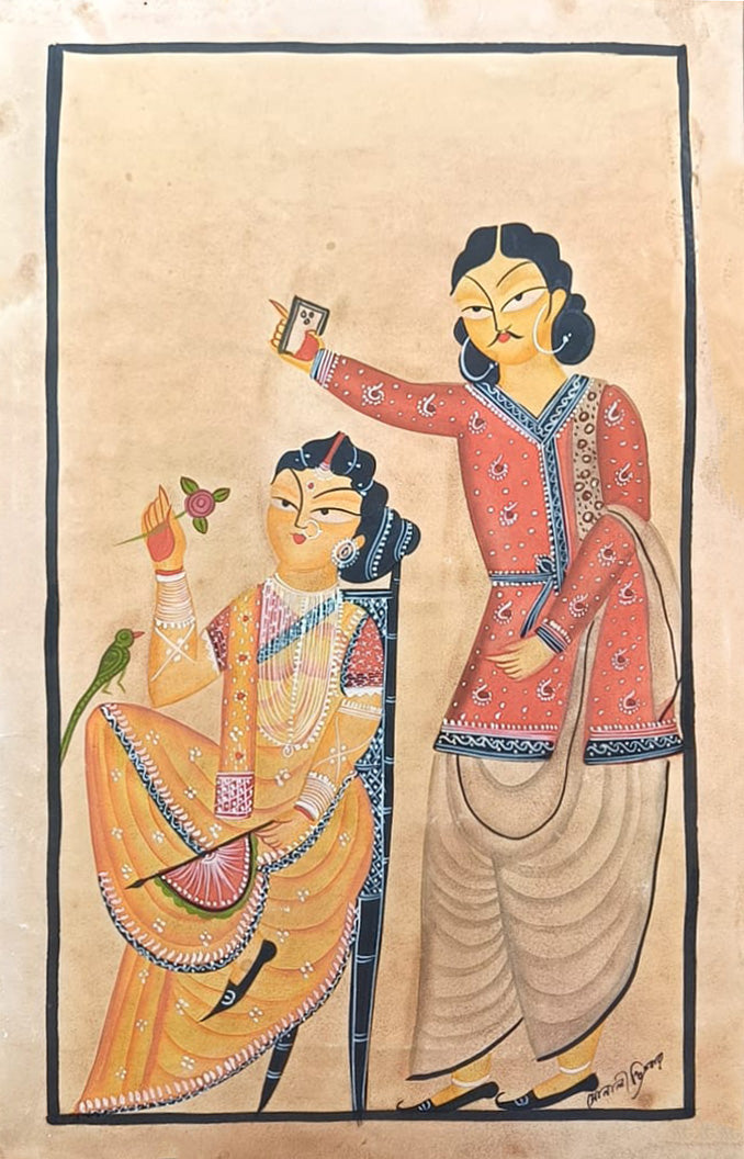 Buy Bibi accompanying Selfie-clicking Babu in Kalighat by Sonali Chitrakar
