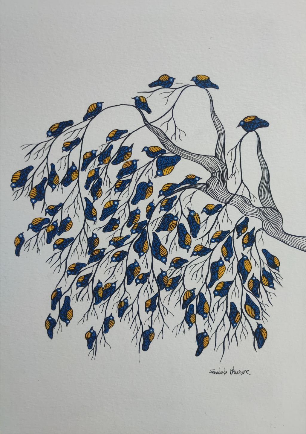 Birds Clustered On Tree In Gond by Sandeep dhurve For Sale