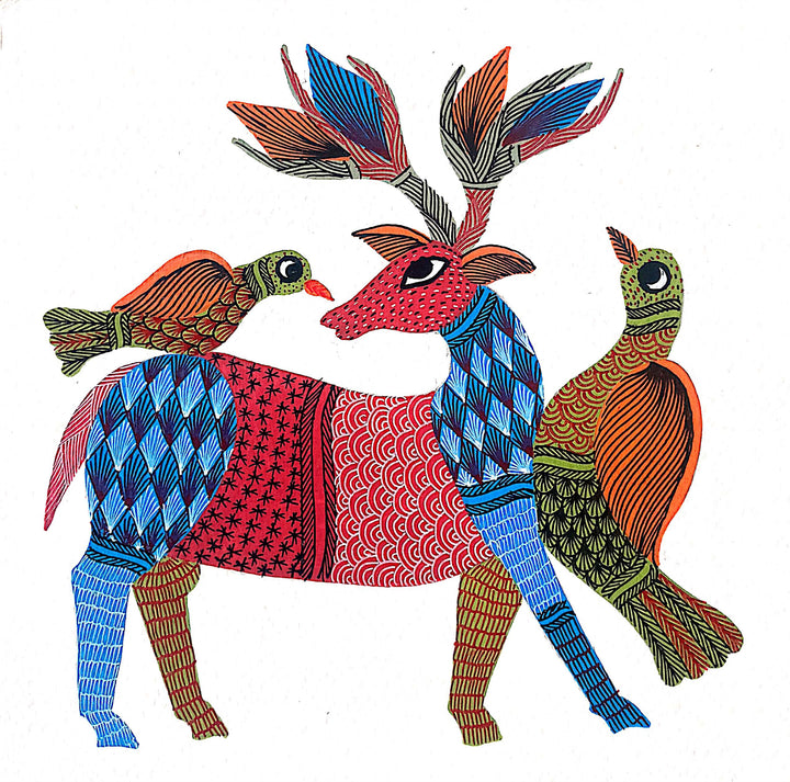 Deer and Birds in Gond by Kailash Pradhan Thumbnail