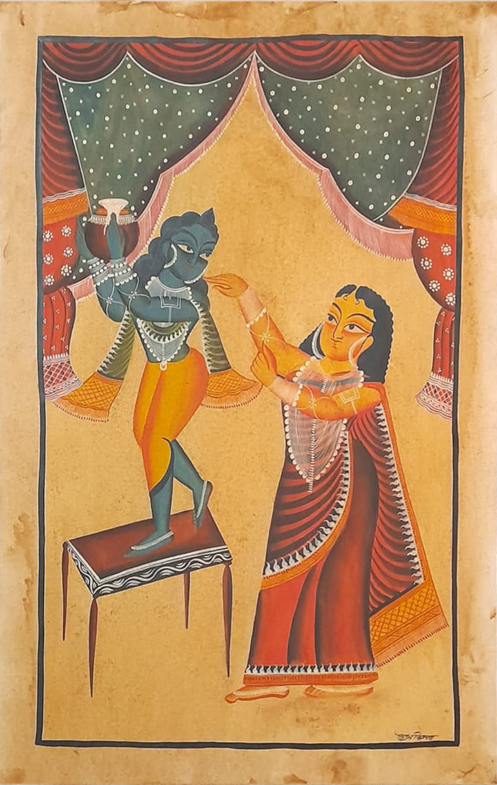Divine Mischief : Tales of Lord Krishna Khalighat Painting by Sonali Chitrakar Thumbnail
