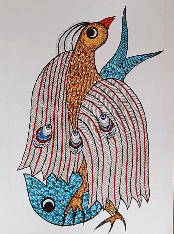 Fish and Peacock in Gond by Manoj Tekam Thumbnail