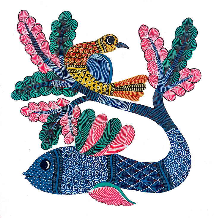 Fish and bird in Gond by Kailash Pradhan Thumbnail