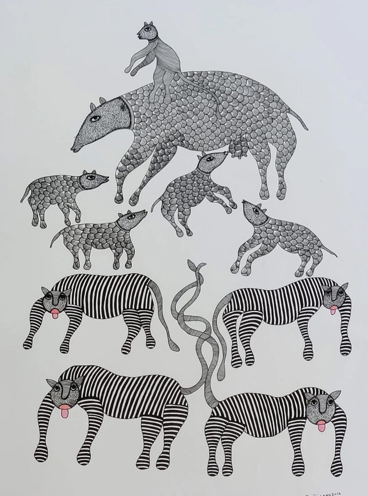 Animal Assembly in Gond Painting by Saroj Venkat Shyam Thumbnail