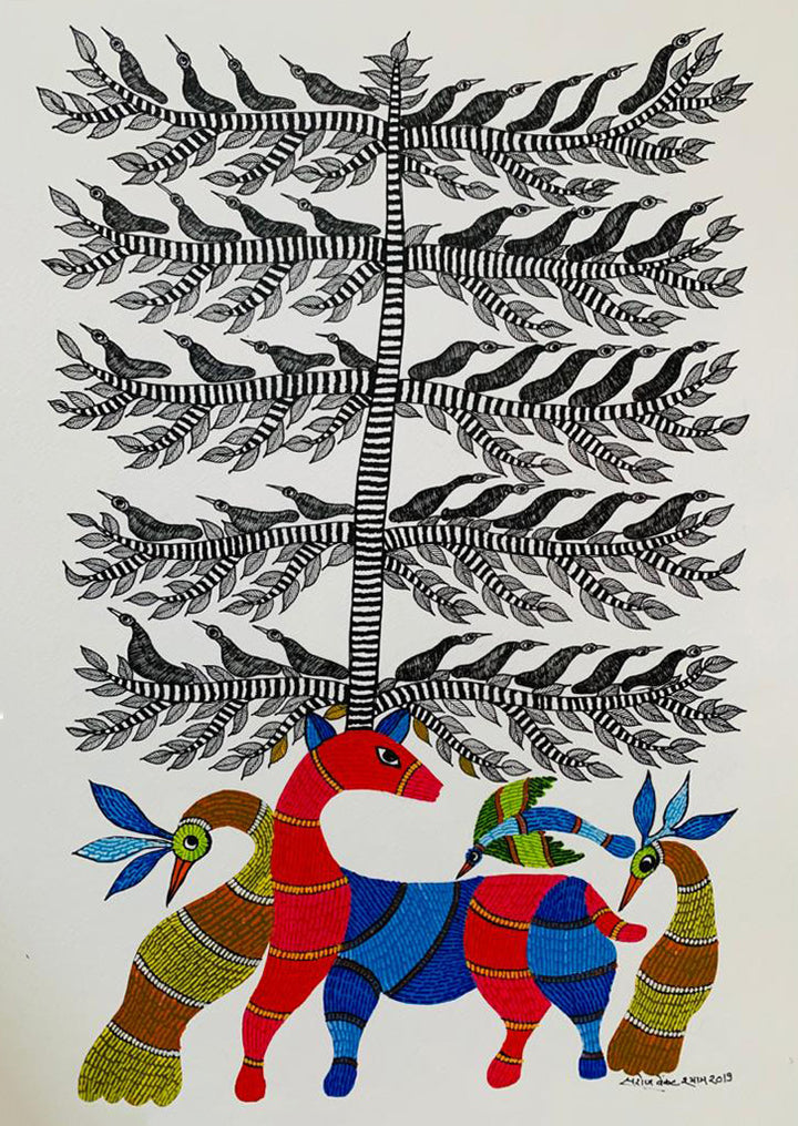 Deer and Peacocks Amidst Nature in Gond Painting by Saroj Venkat Shyam Thumbnail