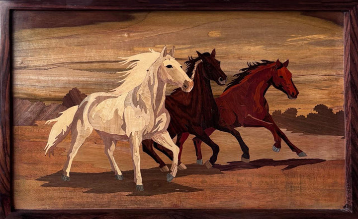 Running Horses In Wood Inlay by Mohan Kumar Thumbnail