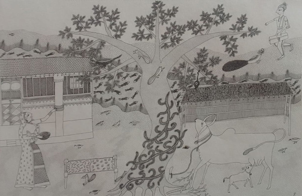 Buy Idyllic Village Life in Jogi Art by Govind Bhai Bharthri