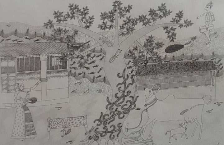 Idyllic Village Life in Jogi Art by Govind Bhai Bharthri Thumbnail