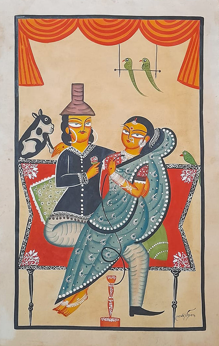 In the Embrace of Togetherness: A Kalighat Painting of Leisure and Love by Sonali Chitrakar Thumbnail