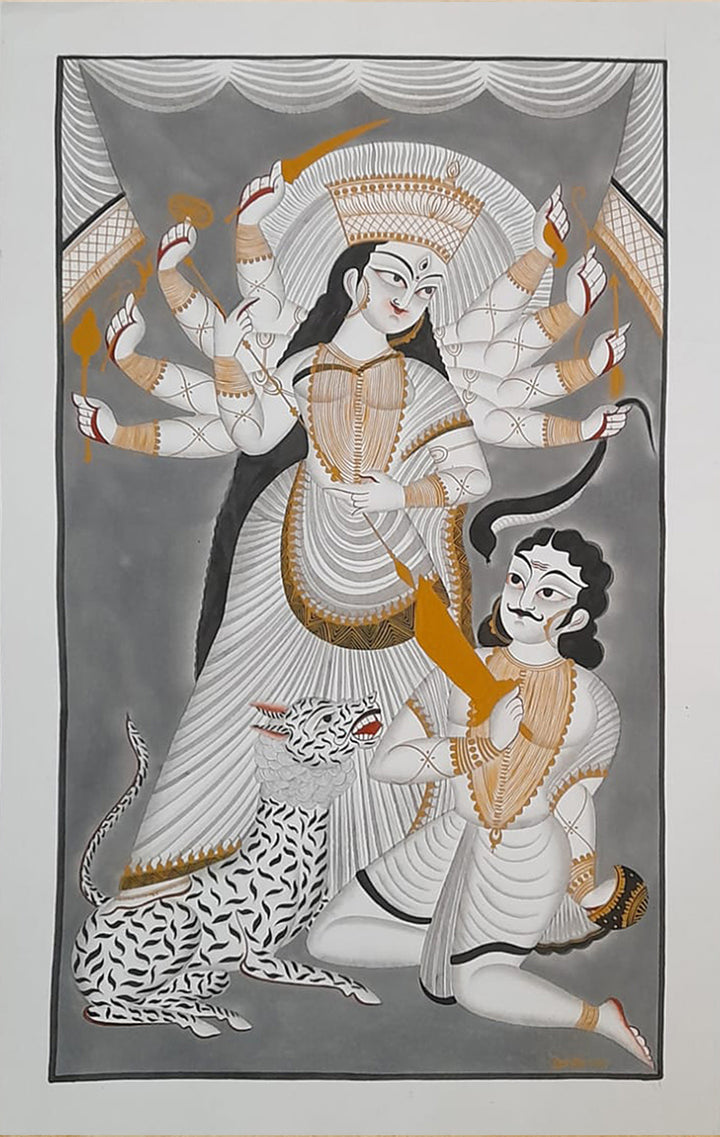 Infinite Valour: Goddess Kali's Triumph over Mahishasura Khalighat Painting by Sonali Chitrakar Thumbnail