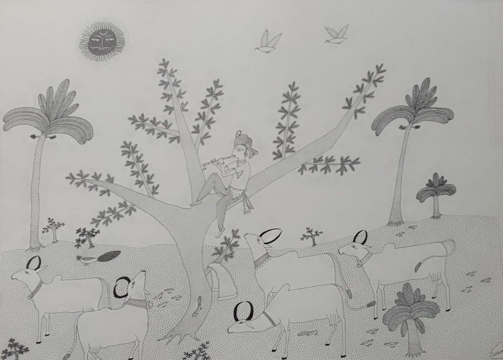 Buy Kishna and Cows in Jogi Art by Govind Bhai Bharthri