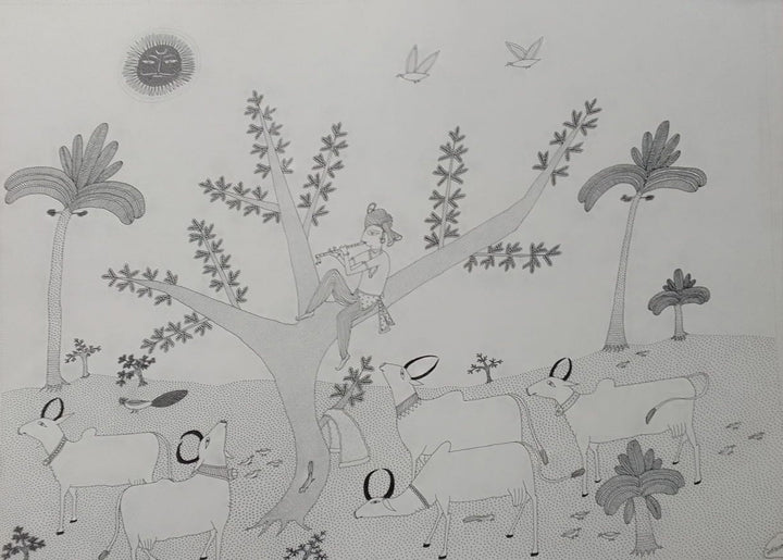 Kishna and Cows in Jogi Art by Govind Bhai Bharthri Thumbnail