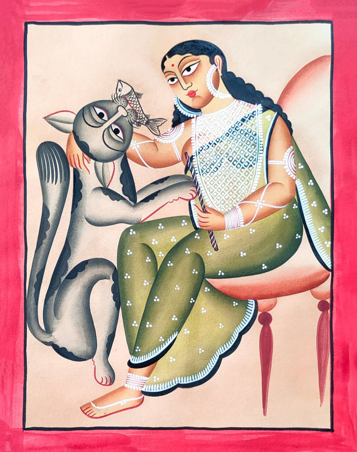 Lady with cat in Kalighat by Hasir Chitrakar Thumbnail