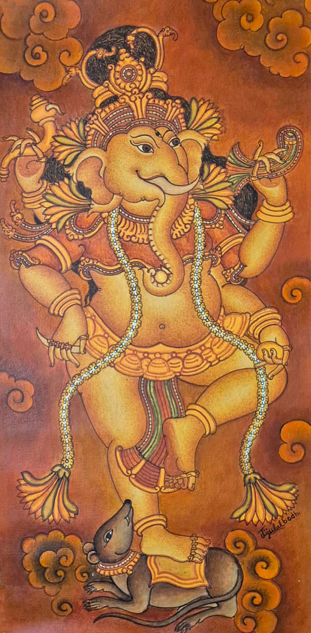 Lord Ganesha in Kerala Mural by Jijulal Thumbnail