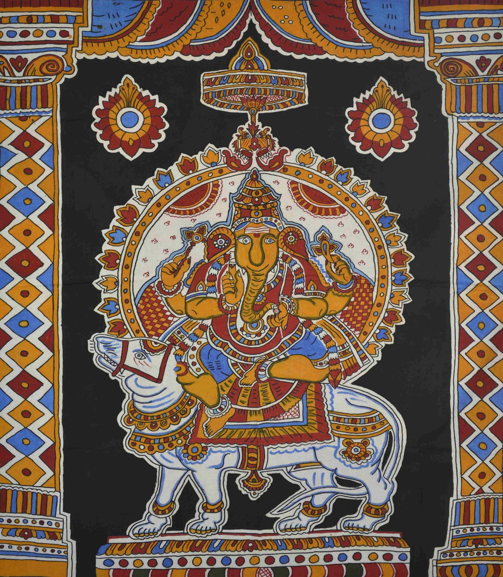 Buy Lord Ganesha seated on his mount in Kalamkari by K. Lakshminarayan