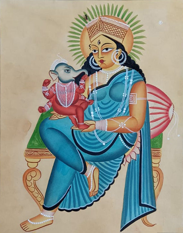 Maa Parvathi and Ganapathi In Kalighat by Hasir Chitrakar Thumbnail