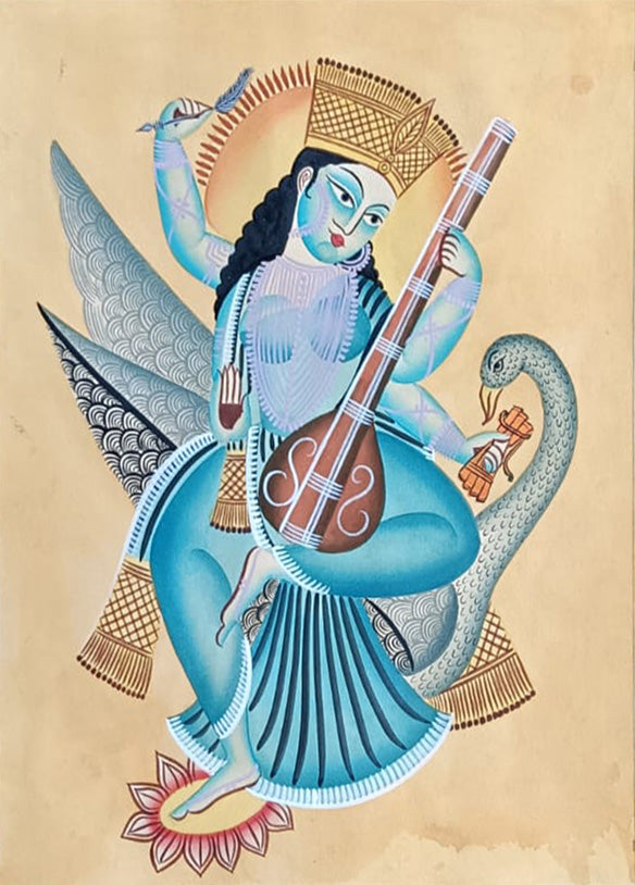 Maa Saraswathi with a Swan In Kalighat by Hasir Chitrakar Thumbnail