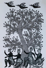 Handmade Painting Monkey, Tree, and Bird – Gond Art by Saroj Venkat Shyam