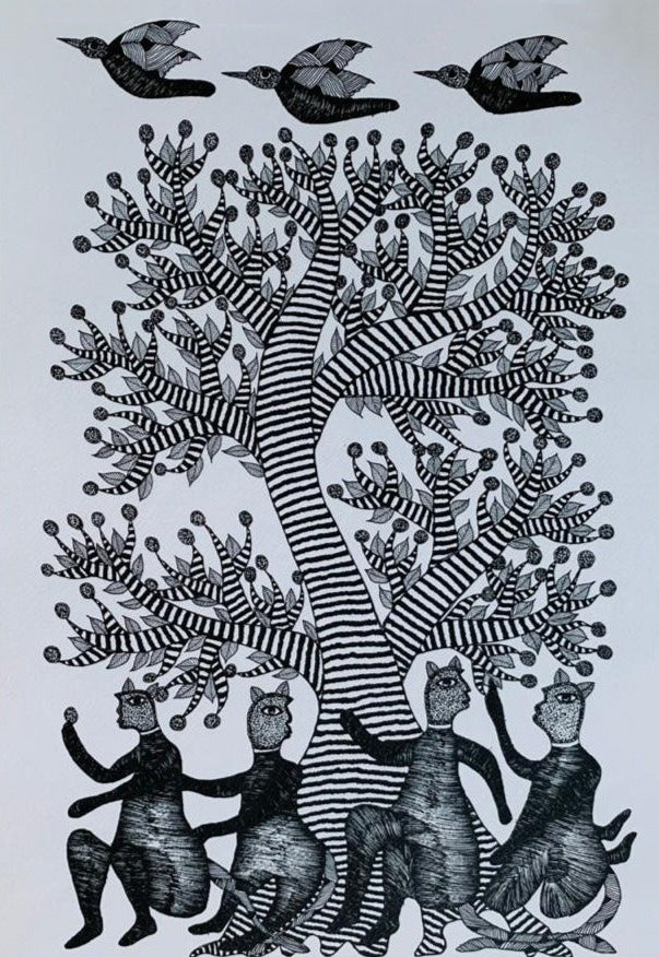 Handmade Painting Monkey, Tree, and Bird – Gond Art by Saroj Venkat Shyam