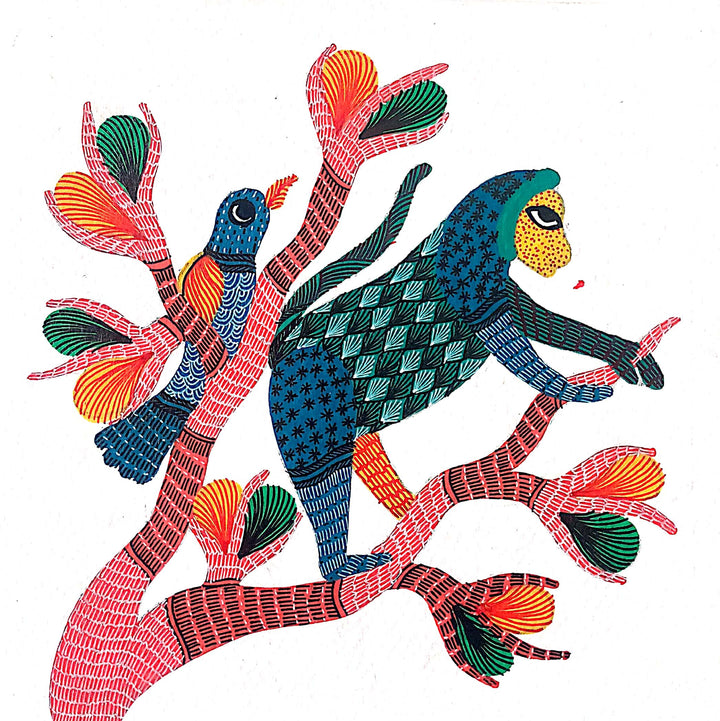 The Nature's Friends: Monkey and Bird in Gond Painting by Kailash Pradhan Thumbnail
