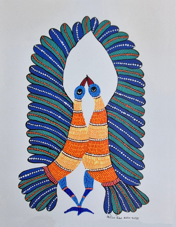 The Vibrant Dance of Peacocks in Gond by Saroj Venkat Shyam Thumbnail