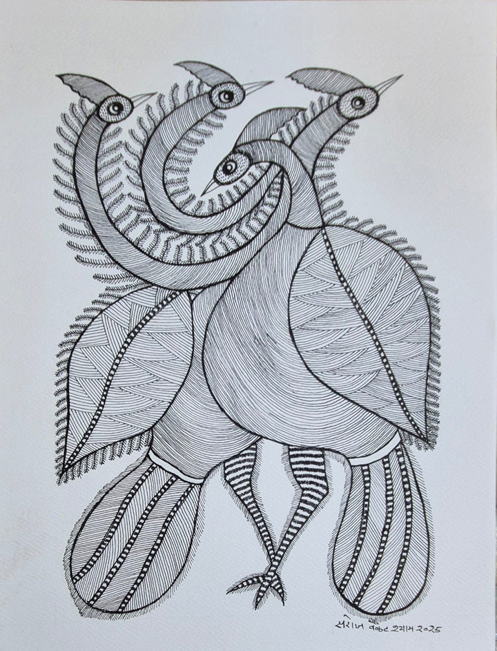 Peahens In Gond by Saroj Venkat Shyam Thumbnail