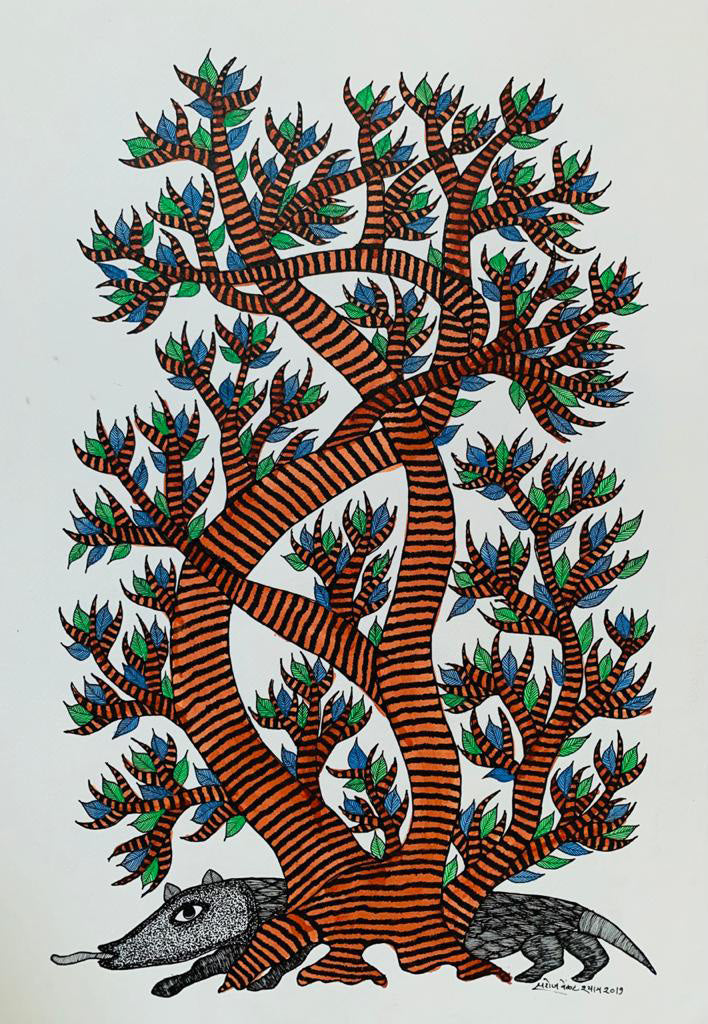 Tree of Life and Goh (Monitor Lizard) in Gond by Saroj Venkat Shyam Thumbnail