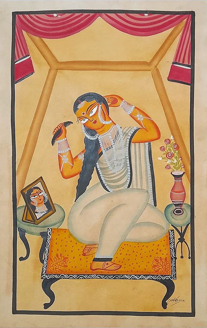 Reflections of Elegance: A Serene Portrait A Khalighat Painting by Sonali Chitrakar Thumbnail