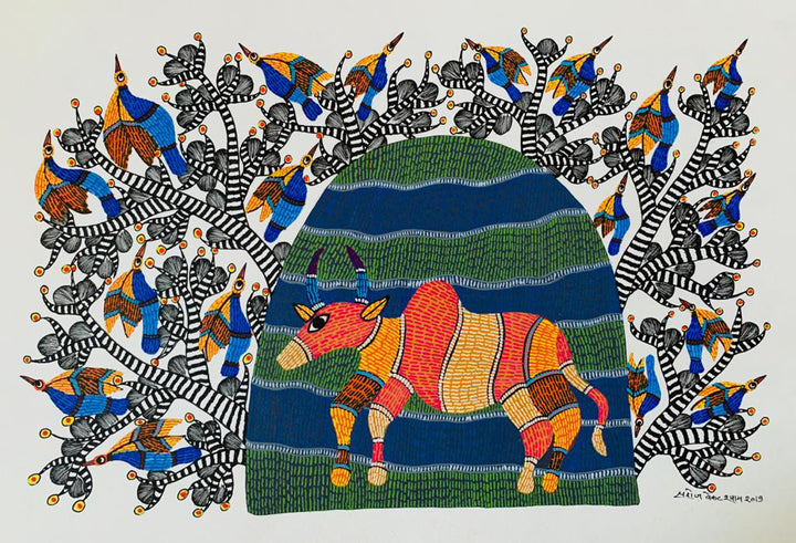 The Divine Calling: Shiv Linga and Nandi in Gond Painting by Saroj Venkat Shyam Thumbnail