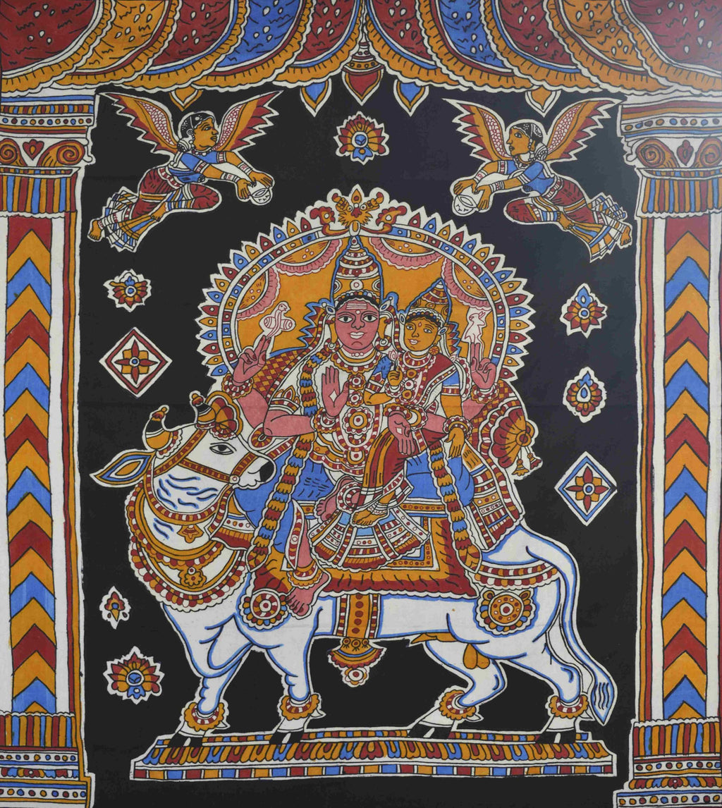 Buy Shiva and Parvati seated on Nandi in Kalamkari by K. Lakshminarayan