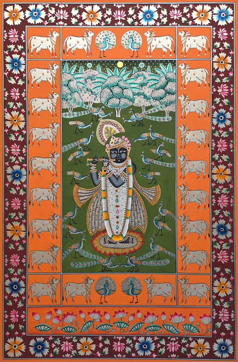 Shrinathji With Flute in Pichwai by Shehzaad Ali Sherani for Sale