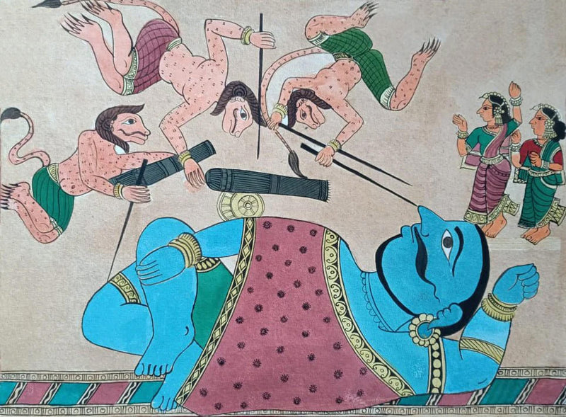 Sleeping Kumbhakarana: Chitrakathi Painting by Chetan Gangavane