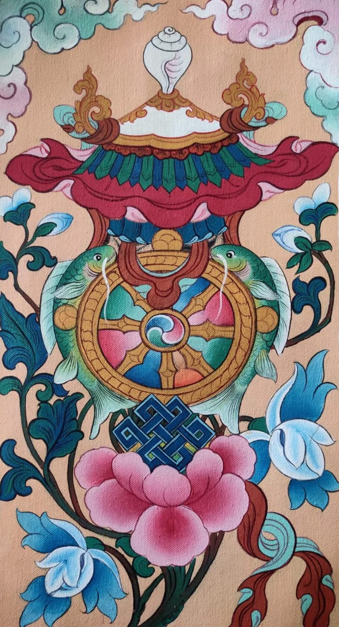 Buy The 8 Lucky Signs: Thangka Painting by Krishna Tashi Palmo