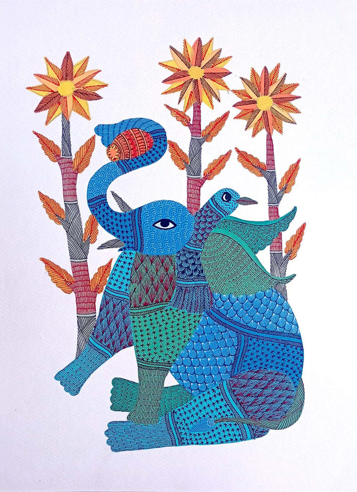 The Elephant and Bird in Gond by Kailash Pradhan Thumbnail
