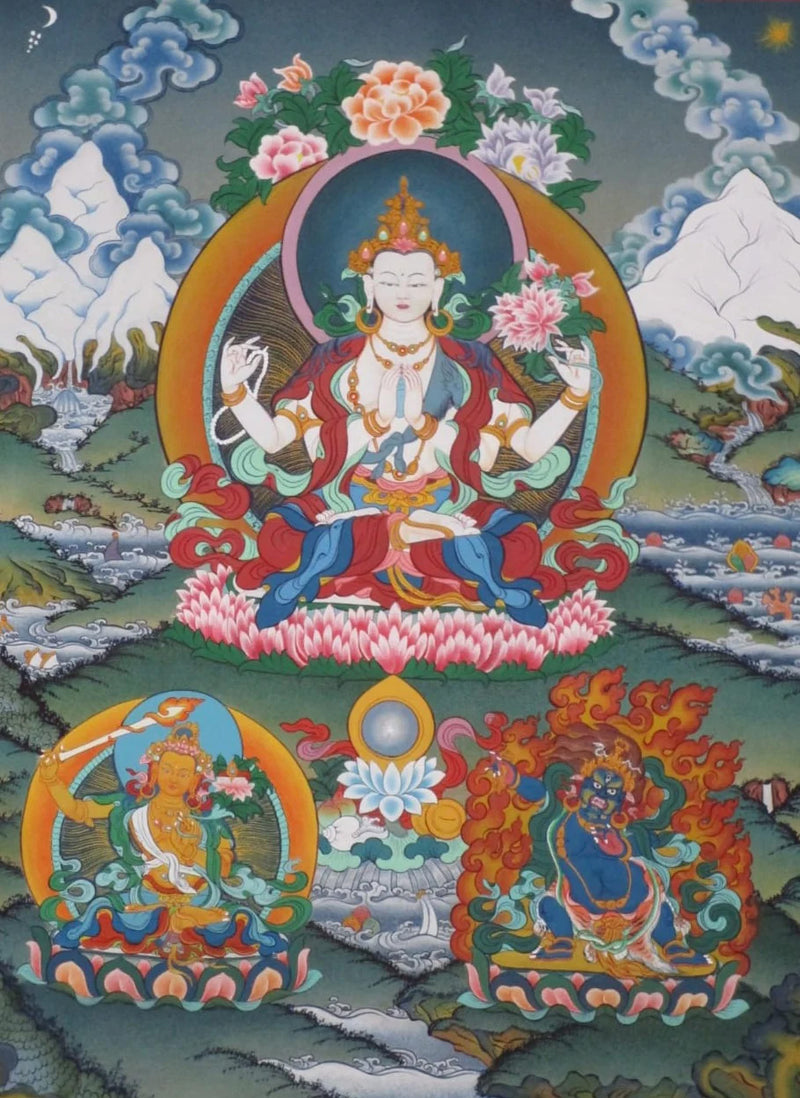 The Trimurty, Three Supreme Gods: Thangka Painting by Krishna Tashi Palmo for sale