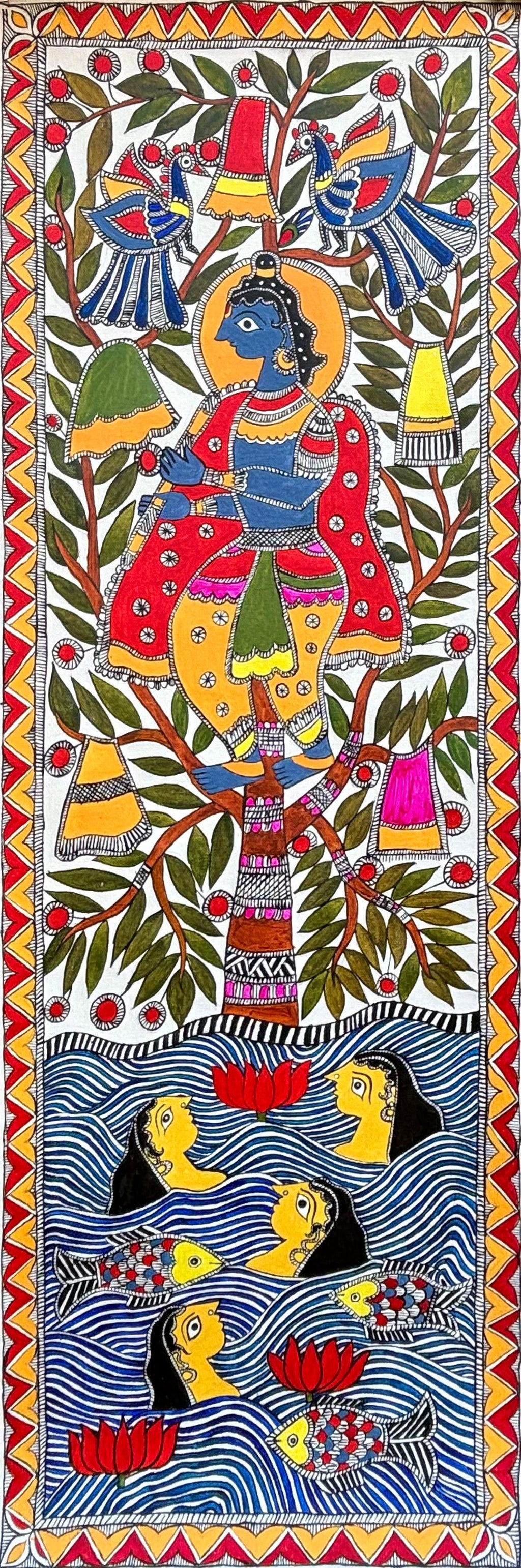 Theft of the gopi’s clothes by Lord Krishna (Gopi Vastraharana) In Madhubani by Izhar Ansari
