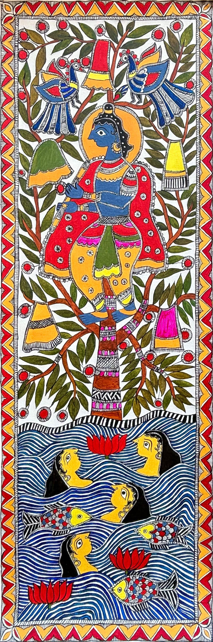 Theft of the gopi’s clothes by Lord Krishna (Gopi Vastraharana) In Madhubani by Izhar Ansari Thumbnail