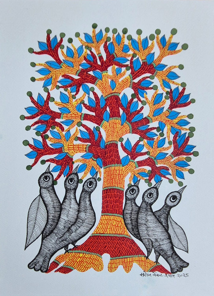 The Tree of Life with birds in Gond by Saroj Venkat Shyam Thumbnail