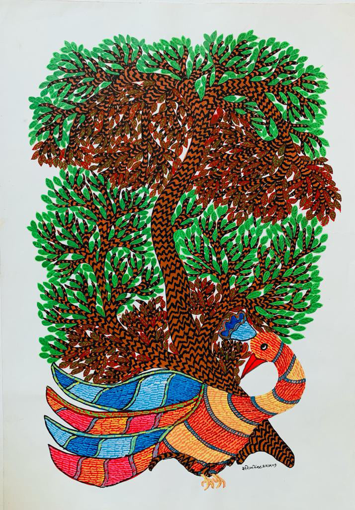 Tree Peacock – Gond Art by Saroj Venkat Shyam