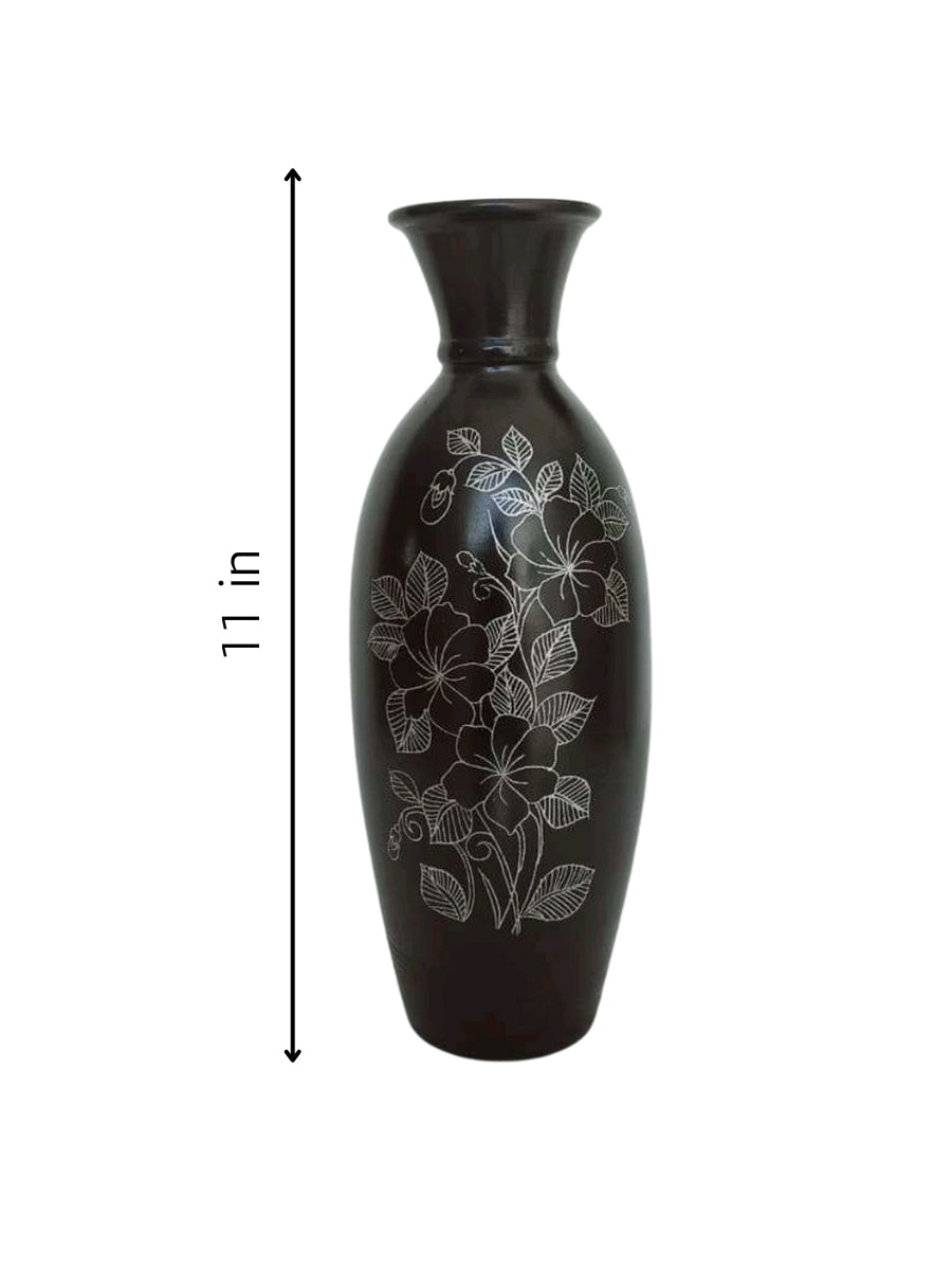 Vase With Floral Design in Black Pottery artwork for sale