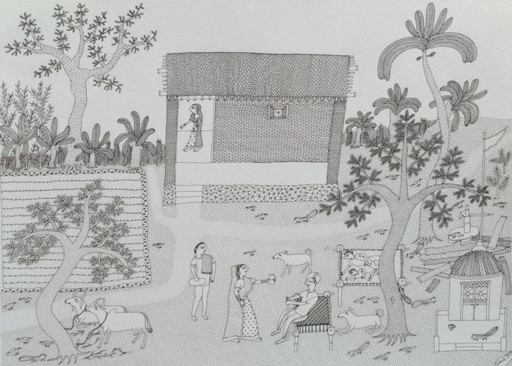 Village Life in Jogi Art by Govind Bhai Bharthri Thumbnail