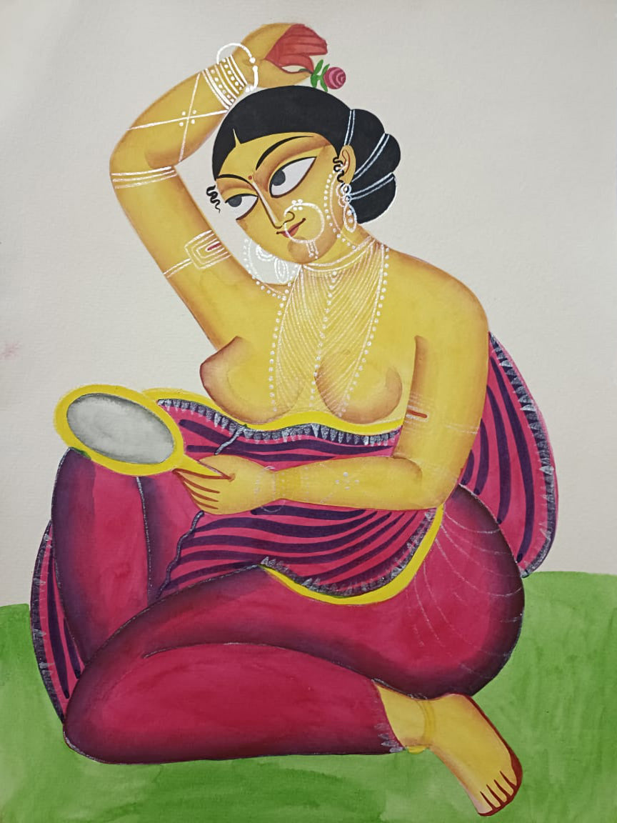 Woman admiring her beauty In Kalighat by Anwar Chitrakar for sale
