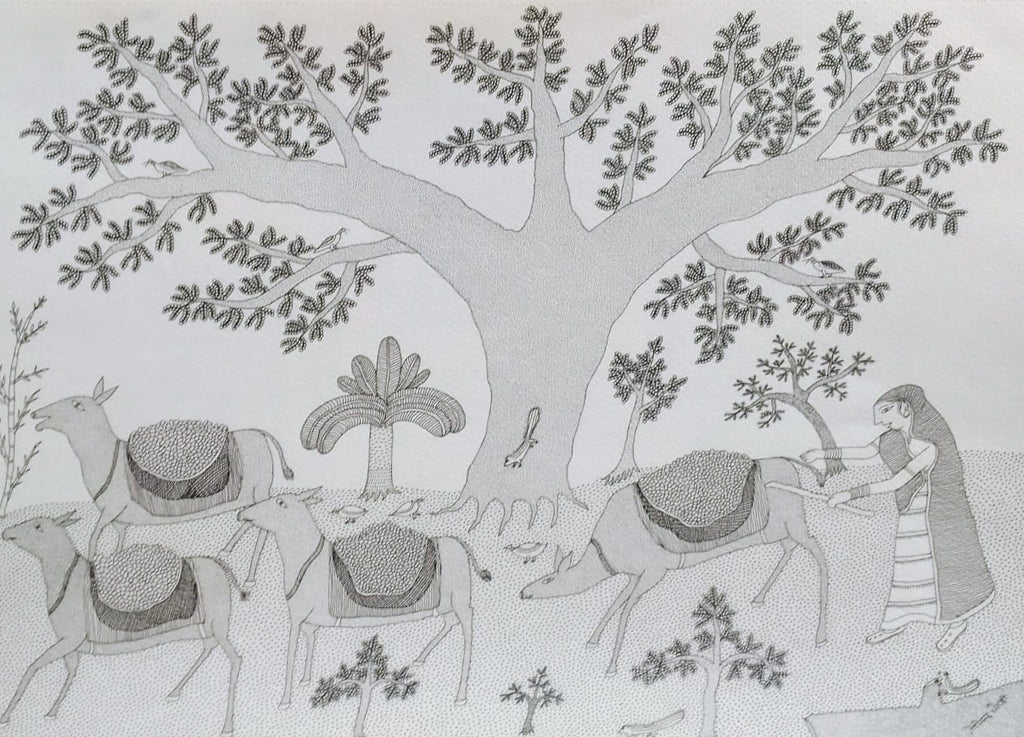 Buy Woman with Donkeys in Jogi Art by Govind Bhai Bharthri